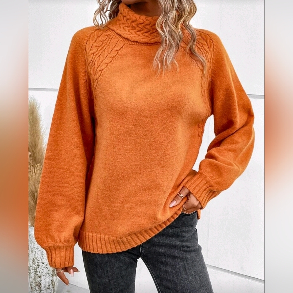 New Fancy Cable Knit Trim Sweater Top Turtleneck Orange